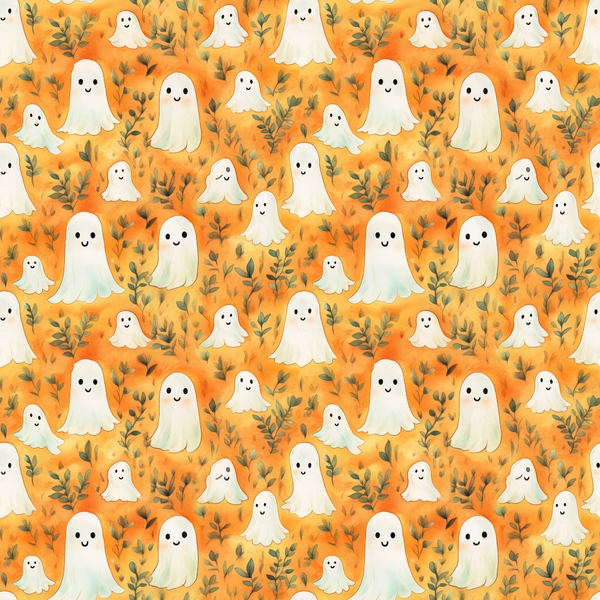 Pattern of cute, smiling ghost illustrations on an orange background with leafy accents.