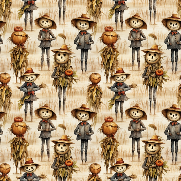 Pattern of cartoon scarecrows with pumpkins and cornstalks on a light background.