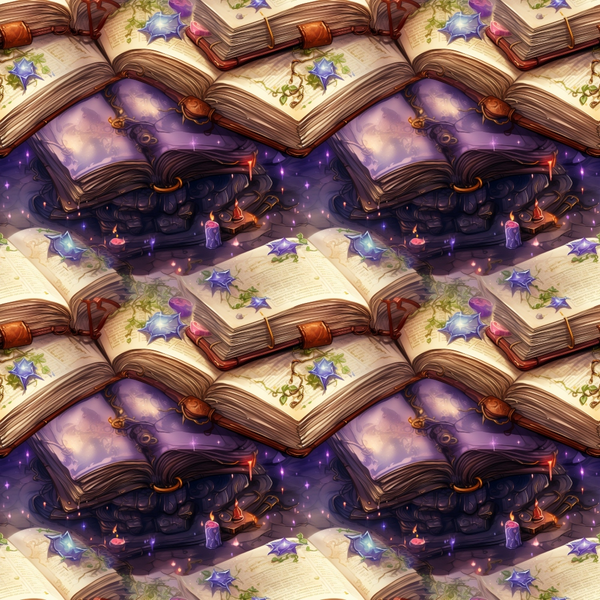 Pattern of open books with purple flowers, candles, and floating sparkles on a mystic-themed background.