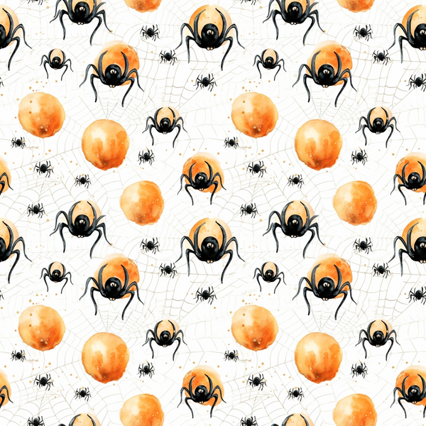 Patterned image with large black spiders, small black spiders, orange circles, and spiderwebs on a white background.