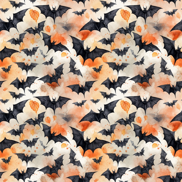Seamless pattern featuring black bats and orange autumn leaves on a cloudy watercolor background.
