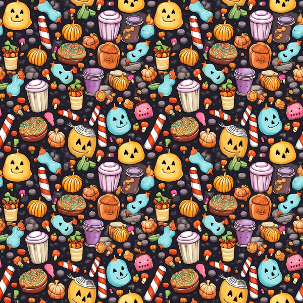 Colorful Halloween-themed pattern featuring cartoon candy, pumpkins, ghosts, and desserts on a dark background.