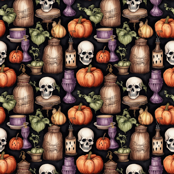Pattern of skulls, pumpkins, hourglasses, lanterns, and potion bottles on a dark background.