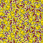 Illustration of a pattern with yellow rubber chickens on a yellow background, each with red details and outlined in black and white.