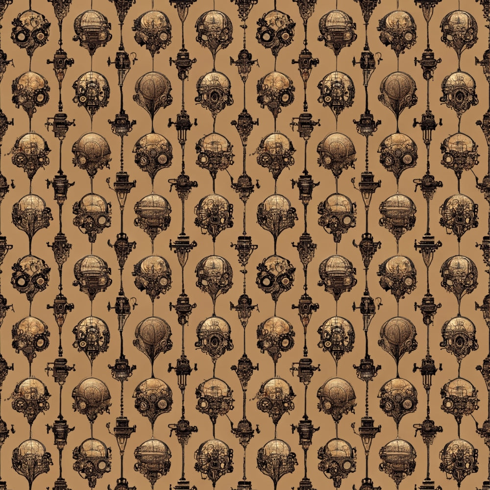 Repeating pattern of steampunk hot air balloons and gears on a brown background.