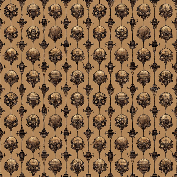 Repeating pattern of steampunk hot air balloons and gears on a brown background.