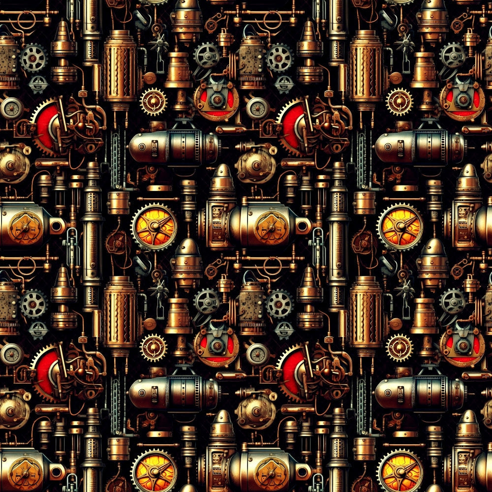 Steampunk machinery pattern featuring gears, cogs, pipes, and vintage dials in a metallic color scheme with red accents.