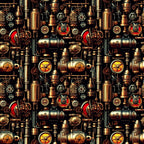 Steampunk machinery pattern featuring gears, cogs, pipes, and vintage dials in a metallic color scheme with red accents.