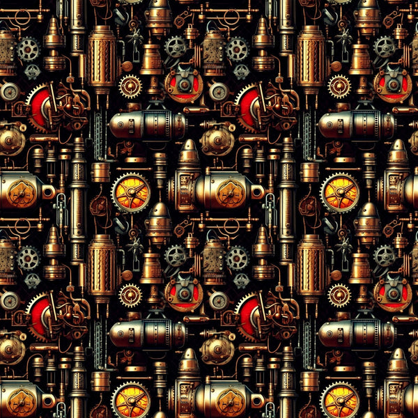 Steampunk machinery pattern featuring gears, cogs, pipes, and vintage dials in a metallic color scheme with red accents.