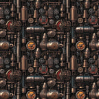 A complex, repeating pattern of steampunk machinery, featuring gears, pipes, bolts, and metallic elements in bronze and copper tones.