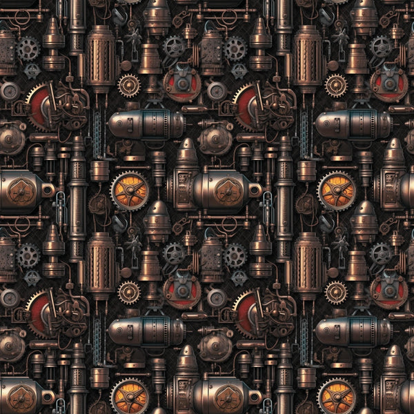A complex, repeating pattern of steampunk machinery, featuring gears, pipes, bolts, and metallic elements in bronze and copper tones.