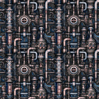 Intricate steampunk-style mechanical pattern featuring gears, pipes, and metallic components in silver, bronze, and blue hues.