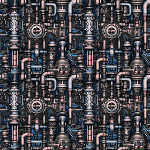 Intricate steampunk-style mechanical pattern featuring gears, pipes, and metallic components in silver, bronze, and blue hues.