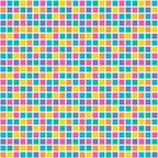 A patterned grid of small, multicolored squares in blue, yellow, pink, and orange, arranged in a repeating sequence.