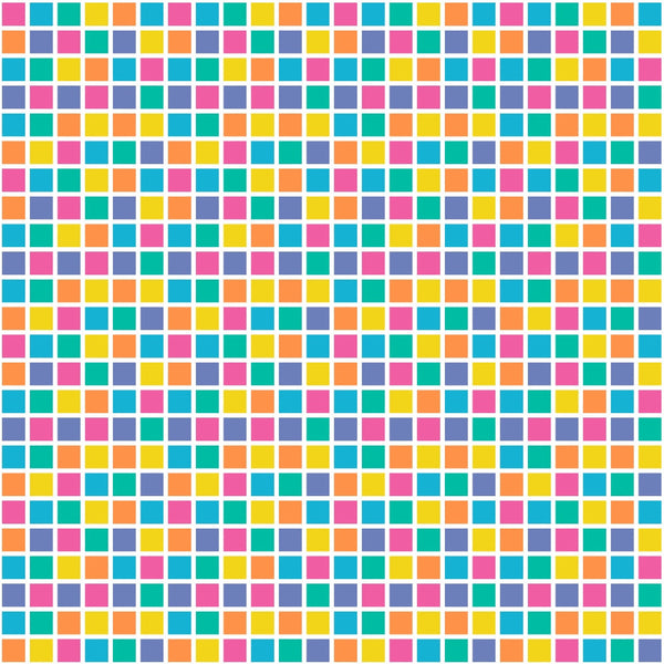 A patterned grid of small, multicolored squares in blue, yellow, pink, and orange, arranged in a repeating sequence.