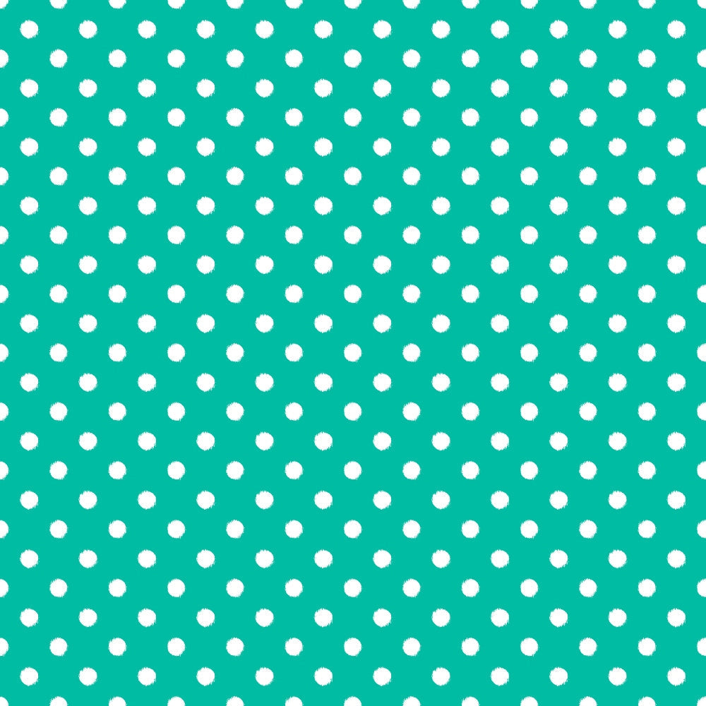 White polka dot pattern on a turquoise background.