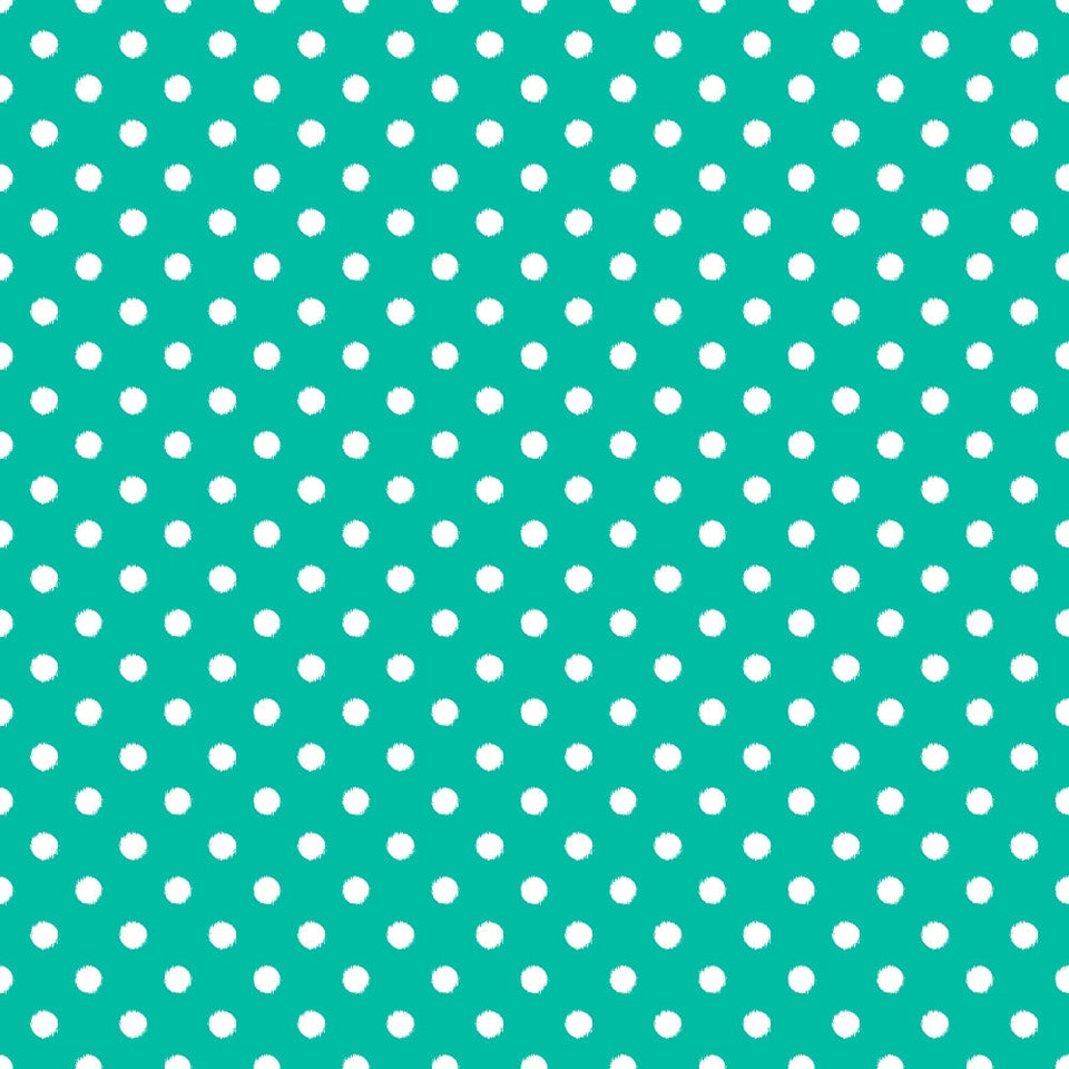 White polka dot pattern on a turquoise background.