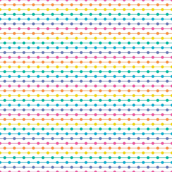 Pattern of evenly spaced, colorful horizontal lines composed of dots in various colors on a white background.