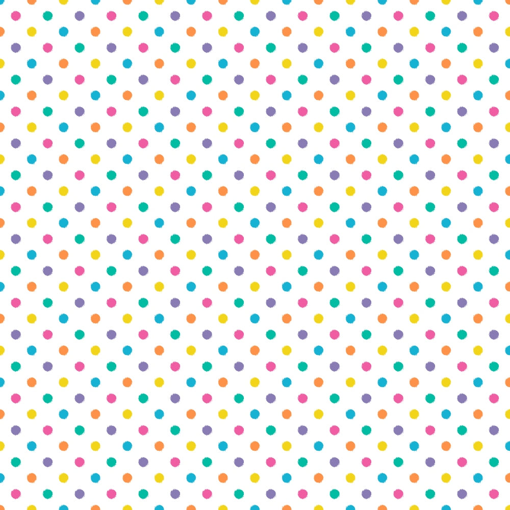 Candy Dots Pattern 17 colorful round dots in pink, yellow, teal and blue on white fleece fabric