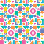 Colorful geometric pattern with flowers, hearts, and various shapes in pink, blue, yellow, orange, and green on a white background.