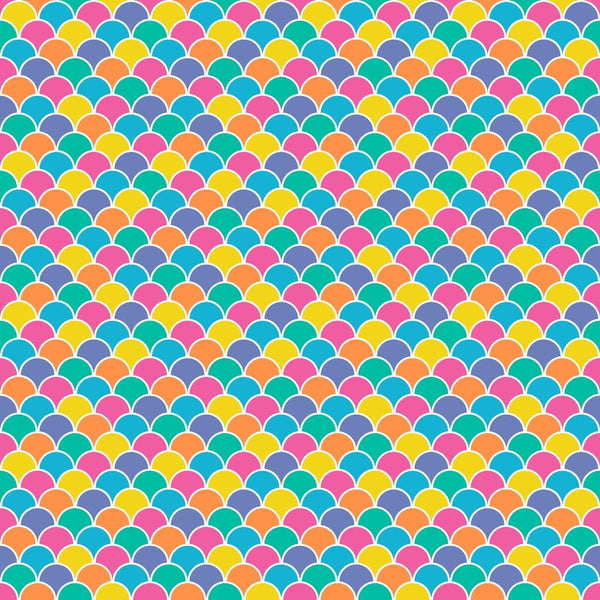 A seamless pattern of overlapping multicolored scallops in blue, pink, orange, and yellow.