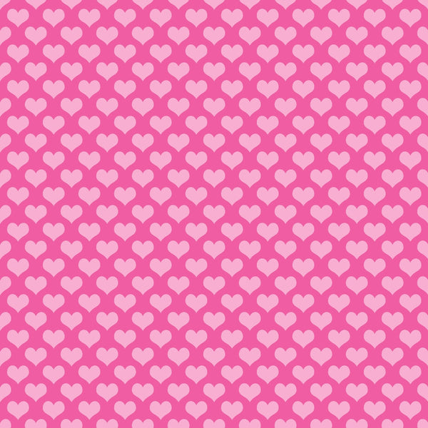 Pink background with a repeated pattern of small, lighter pink hearts.