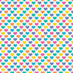 Pattern of colorful hearts in rows, featuring pink, yellow, blue, orange, and green hearts on a white background.