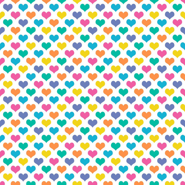 Pattern of colorful hearts in rows, featuring pink, yellow, blue, orange, and green hearts on a white background.