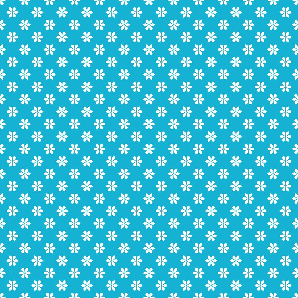 Blue background with a pattern of small, white, four-petaled flowers arranged in even rows and columns.