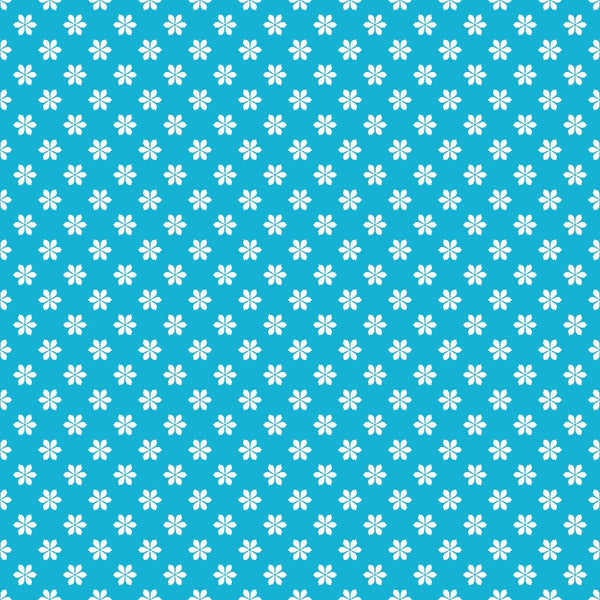 Blue background with a pattern of small, white, four-petaled flowers arranged in even rows and columns.