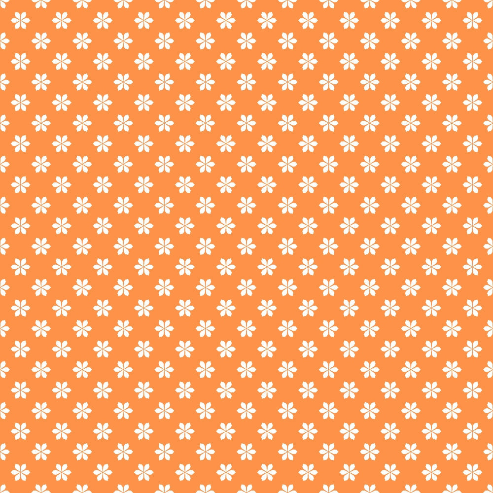 Pattern of small white flowers on an orange background, arranged in a uniform grid.