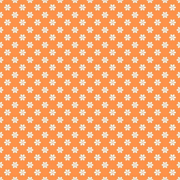 Pattern of small white flowers on an orange background, arranged in a uniform grid.