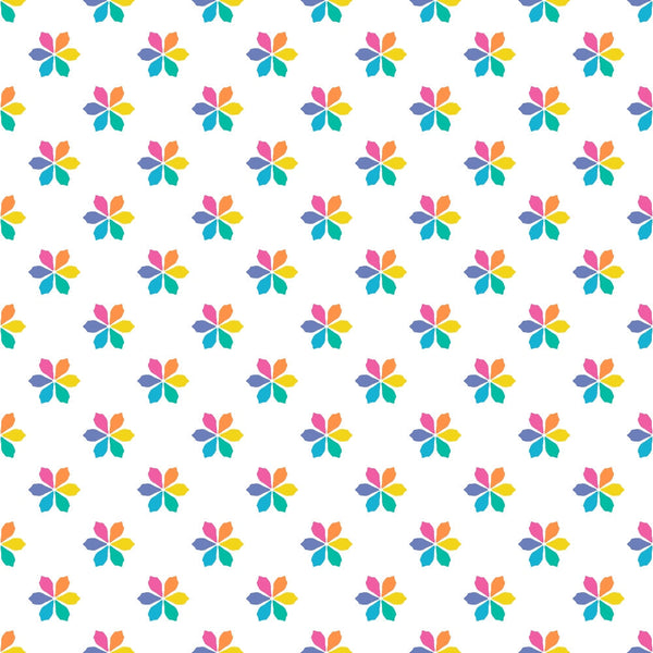 Pattern of multicolored, symmetrical floral shapes evenly spaced on a white background.
