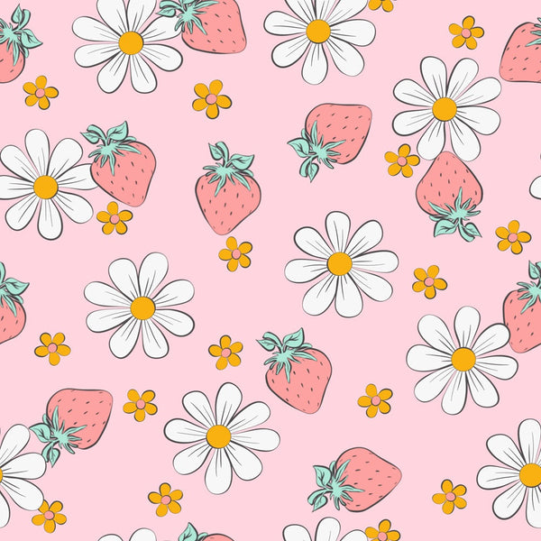 Summer Strawberries and Floral Fabric with pink background, white daisies, yellow flower accents, red strawberries, green leaves, floral pattern, quilting material, cotton textile, seasonal design, pastel colors, craft fabric, sewing fabric