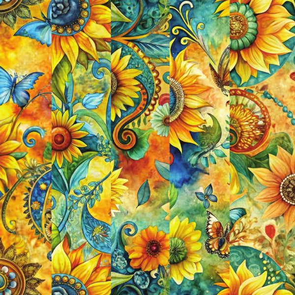 sunflower, butterfly, paisley, swirls, golden yellow, turquoise blue, orange, green, floral pattern, decorative motifs,, fabric panel, nature design, botanical elements, ornamental swirls, vibrant colors, summer theme, artistic florals, detailed pattern, whimsical design