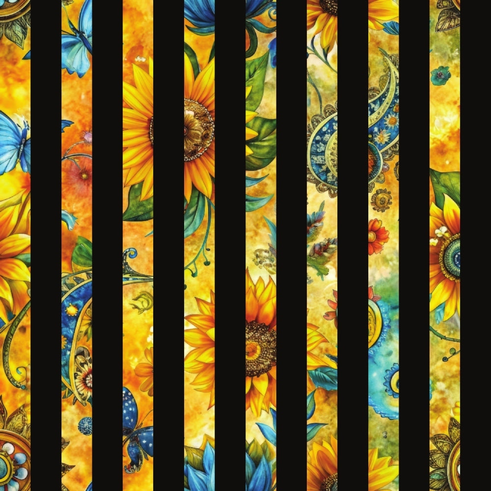 sunflower, yellow, orange, blue, butterfly, floral pattern,, fabric panel, botanical design, nature motif, paisley swirls, decorative elements, warm colors, summer theme, garden flowers, vertical strips, colorful strips, fabric strips, quilting material, flower petals