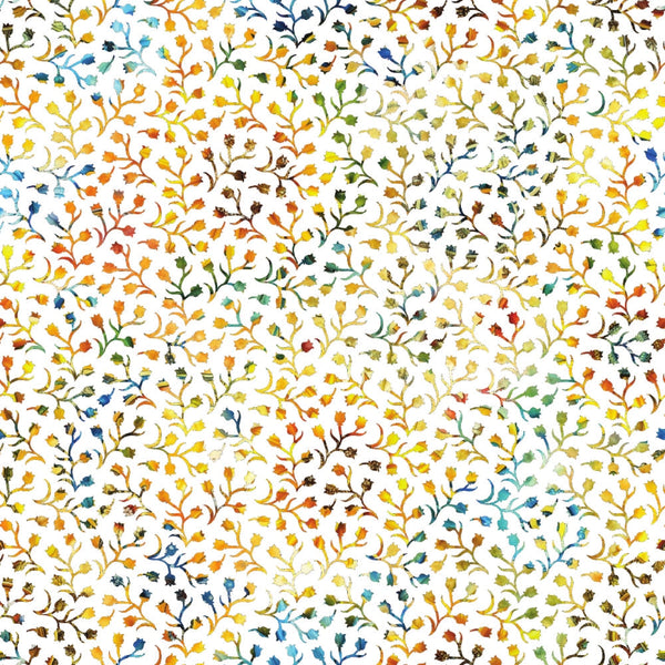 sunflower yellow, autumn orange, forest green, navy blue, teal, coral red, botanical vines, leafy branches, small flowers, scattered blooms, nature pattern, organic design, watercolor style, whimsical mood,, fabric panel, fall colors, spring garden, floral motifs, artistic painterly