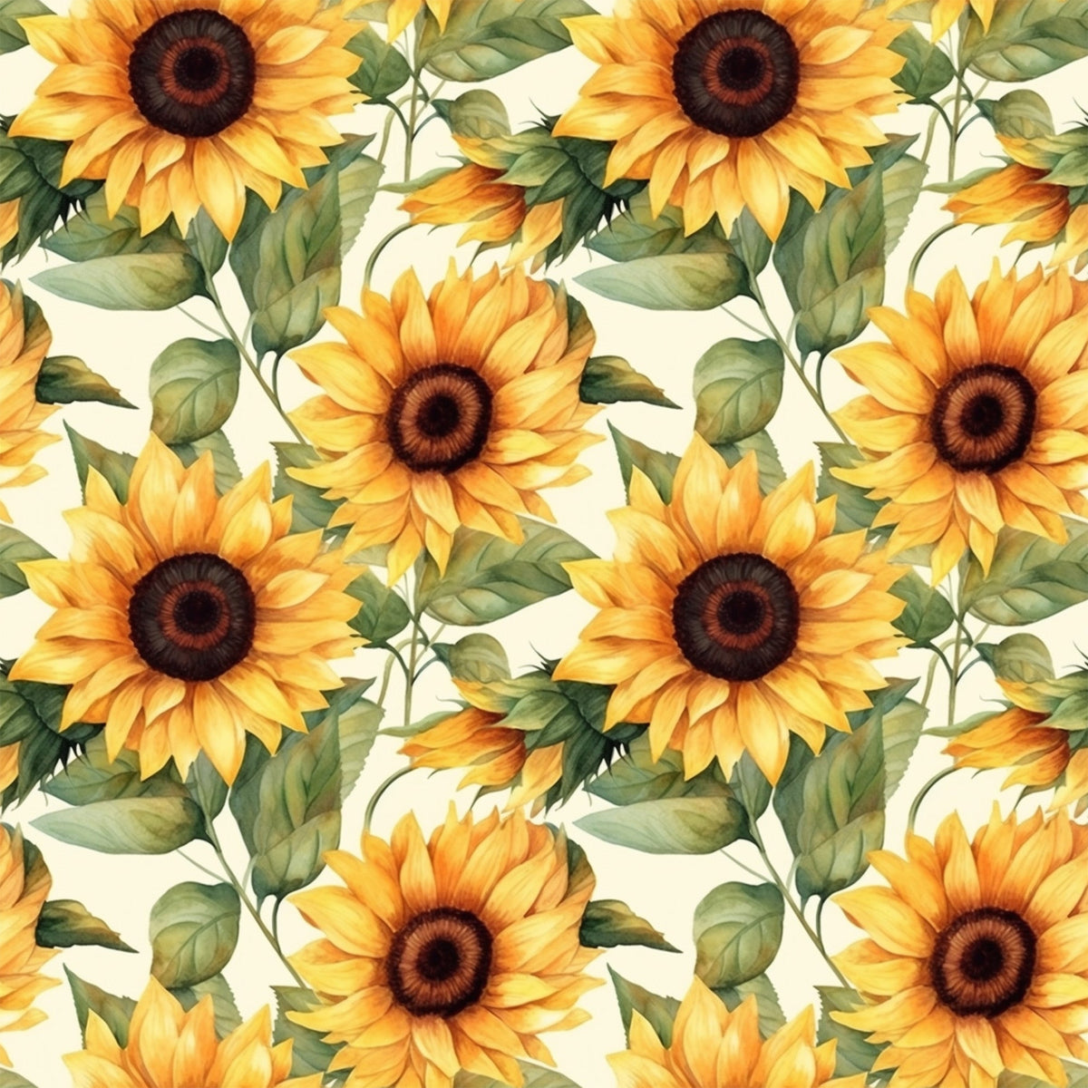 sunflower pattern, yellow petals, golden yellow, brown centers, green leaves, botanical design, floral motif, repeating pattern,, fabric panel, watercolor style, realistic flowers, nature theme, summer flowers, harvest theme, autumn colors, seamless repeat, crafting fabric, sewing material