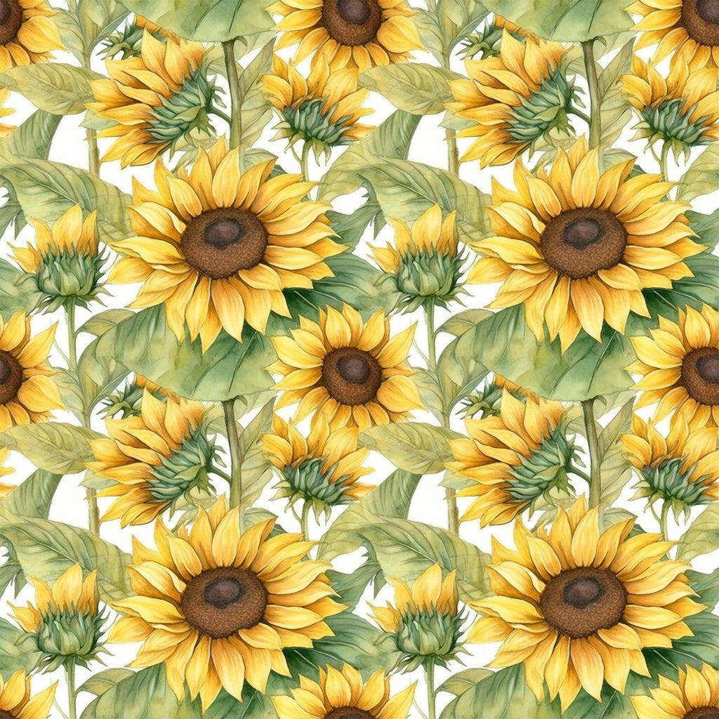 sunflower pattern, yellow petals, golden blooms, brown centers, green leaves, botanical design, floral motif, repeating pattern,, fabric panel, seamless design, nature theme, garden flowers, bright colors, watercolor style, artistic illustration, summer florals, crafting material, sewing fabric, vibrant yellow