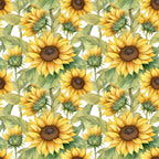 sunflower pattern, yellow petals, golden blooms, brown centers, green leaves, botanical design, floral motif, repeating pattern,, fabric panel, seamless design, nature theme, garden flowers, bright colors, watercolor style, artistic illustration, summer florals, crafting material, sewing fabric, vibrant yellow