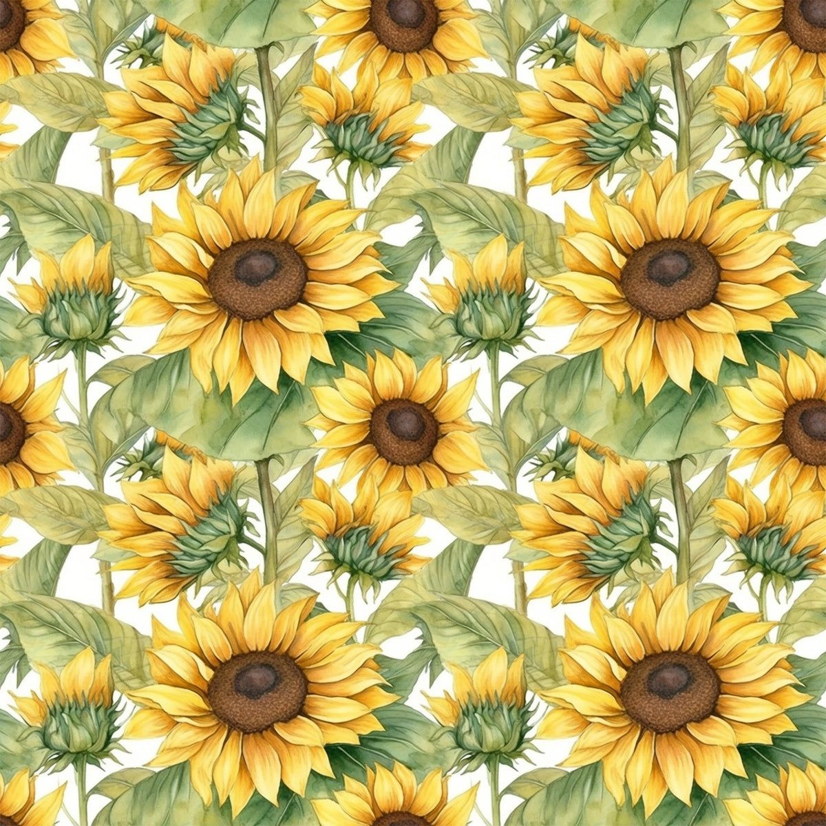 sunflower pattern, yellow petals, golden blooms, brown centers, green leaves, botanical design, floral motif, repeating pattern,, fabric panel, seamless design, nature theme, garden flowers, bright colors, watercolor style, artistic illustration, summer florals, crafting material, sewing fabric, vibrant yellow