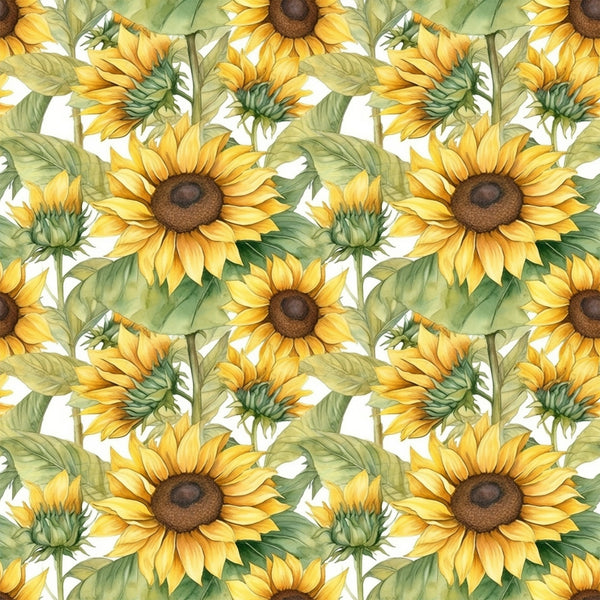 sunflower pattern, yellow petals, golden blooms, brown centers, green leaves, botanical design, floral motif, repeating pattern,, fabric panel, seamless design, nature theme, garden flowers, bright colors, watercolor style, artistic illustration, summer florals, crafting material, sewing fabric, vibrant yellow