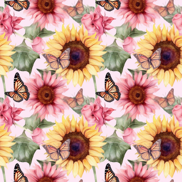 sunflower pattern, butterfly design, monarch butterflies, pink flowers, yellow petals, orange accents, green leaves, brown centers, floral motif, repeating pattern,, fabric panel, watercolor style, botanical print, nature theme, spring colors, garden scene, vibrant hues, delicate wings, blooming flowers