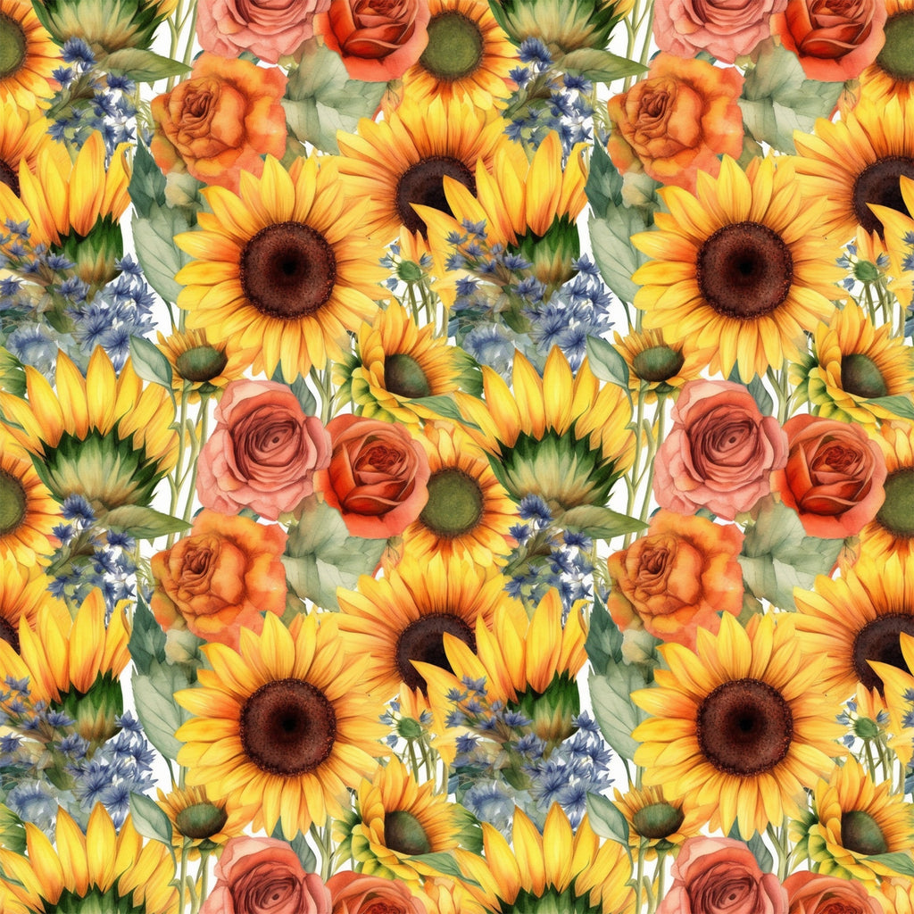 sunflowers, yellow petals, orange roses, coral roses, blue wildflowers, floral pattern, repeating design, botanical illustration, watercolor style,, fabric panel, summer flowers, garden blooms, warm colors, nature motif, mixed florals, seamless repeat, crafting fabric, bright cheerful, cottage core