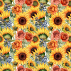 sunflowers, yellow petals, orange roses, coral roses, blue wildflowers, floral pattern, repeating design, botanical illustration, watercolor style,, fabric panel, summer flowers, garden blooms, warm colors, nature motif, mixed florals, seamless repeat, crafting fabric, bright cheerful, cottage core