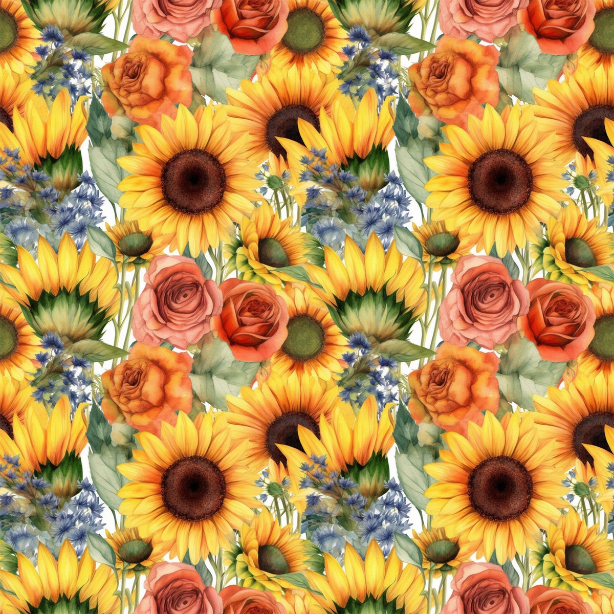 sunflowers, yellow petals, orange roses, coral roses, blue wildflowers, floral pattern, repeating design, botanical illustration, watercolor style,, fabric panel, summer flowers, garden blooms, warm colors, nature motif, mixed florals, seamless repeat, crafting fabric, bright cheerful, cottage core