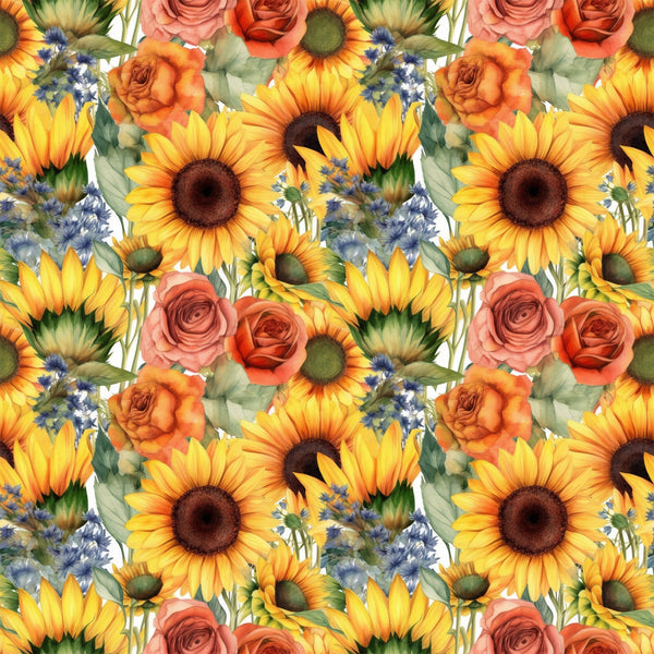 sunflowers, yellow petals, orange roses, coral roses, blue wildflowers, floral pattern, repeating design, botanical illustration, watercolor style,, fabric panel, summer flowers, garden blooms, warm colors, nature motif, mixed florals, seamless repeat, crafting fabric, bright cheerful, cottage core