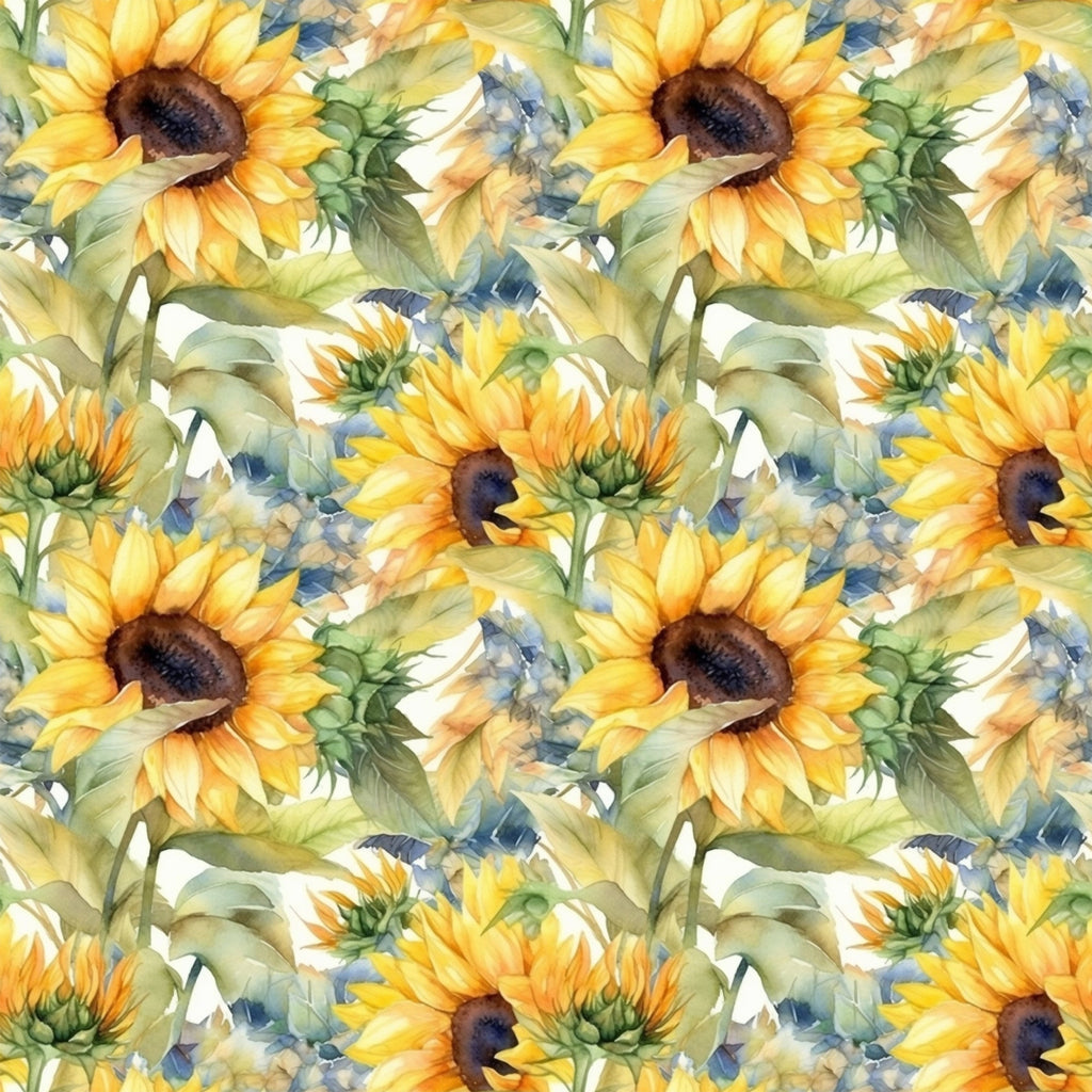 sunflower pattern, yellow petals, golden yellow, brown centers, green leaves, watercolor style, floral design, repeating pattern,, fabric panel, botanical print, summer flowers, soft brushstrokes, nature motif, artistic rendering, warm tones, garden theme, seamless repeat, cotton fabric, crafting material