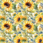 sunflower pattern, yellow petals, golden yellow, brown centers, green leaves, watercolor style, floral design, repeating pattern,, fabric panel, botanical print, summer flowers, soft brushstrokes, nature motif, artistic rendering, warm tones, garden theme, seamless repeat, cotton fabric, crafting material
