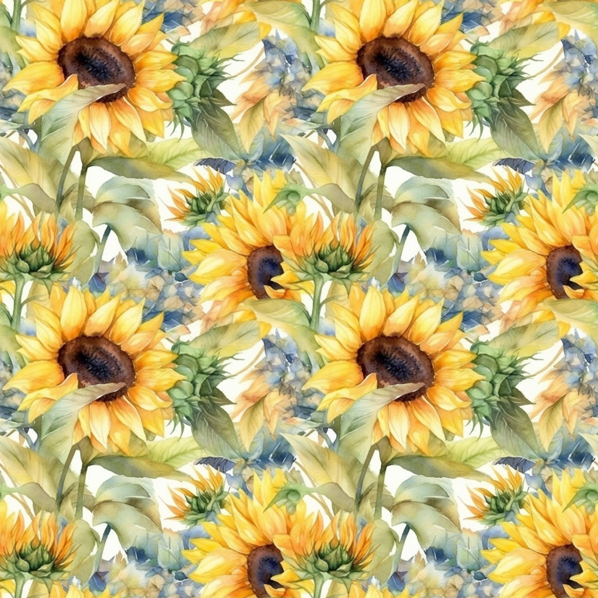 sunflower pattern, yellow petals, golden yellow, brown centers, green leaves, watercolor style, floral design, repeating pattern,, fabric panel, botanical print, summer flowers, soft brushstrokes, nature motif, artistic rendering, warm tones, garden theme, seamless repeat, cotton fabric, crafting material